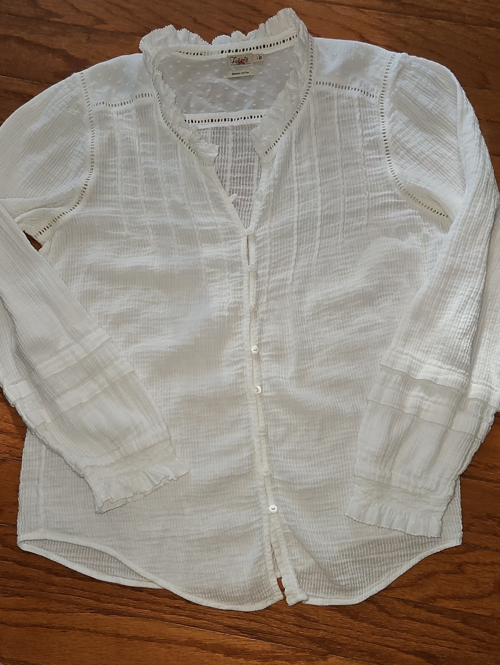Faherty White Willa Ruffle Cotton Long Sleeve Button Front Blouse Sz L